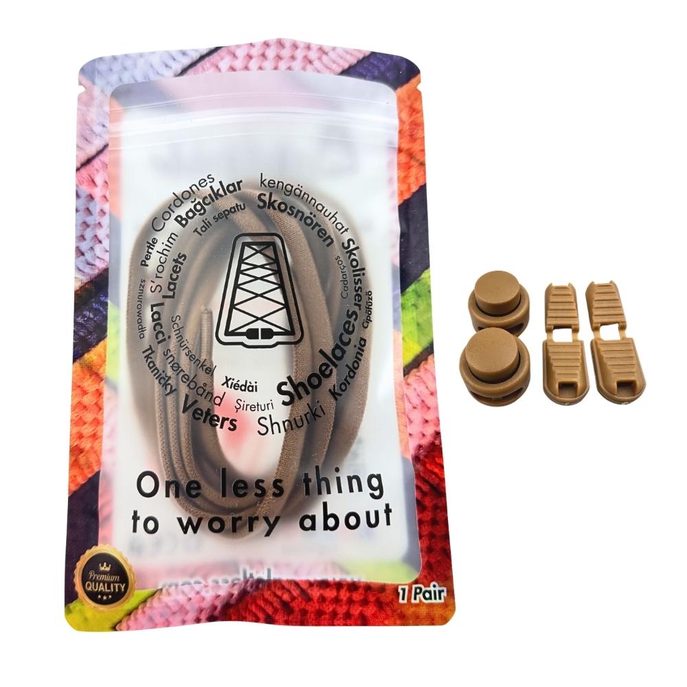 Elastische veters zonder strikken rond 5mm lock sluiting bruin in luxe verpakking