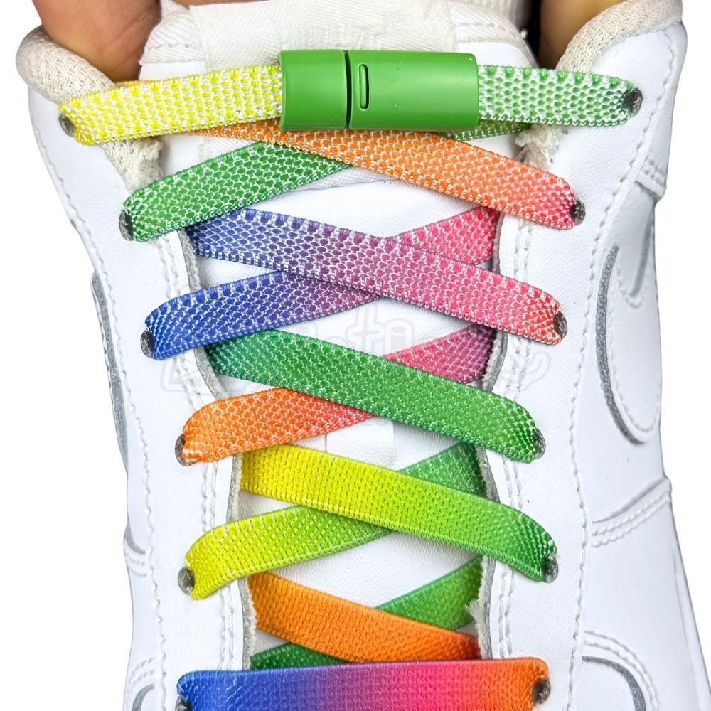 Elastische veters zonder strikken tie-dye 9mm magnetische sluiting groen regenboog met stretch uitgerekt