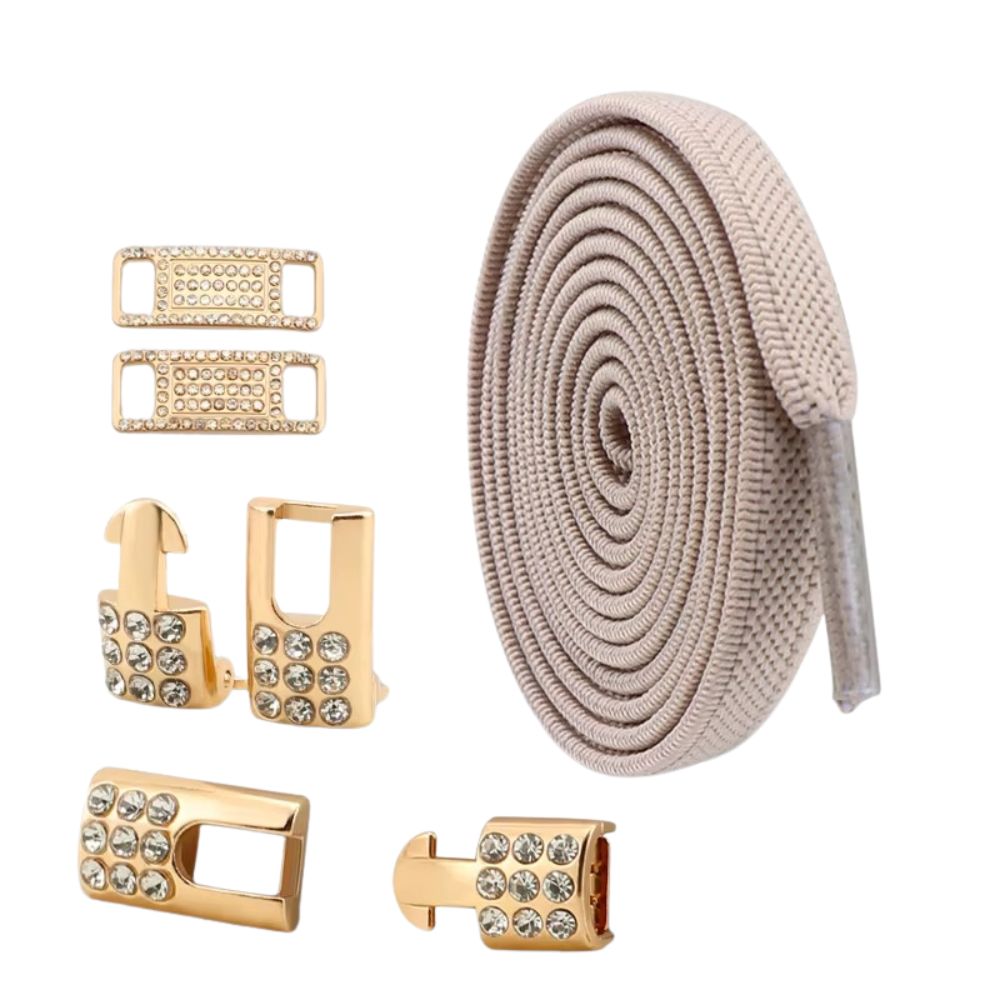 Khaki platte elastische veters van 9 mm met gouden charm en strass haak als sluiting, voor een stoere en eigentijdse look.