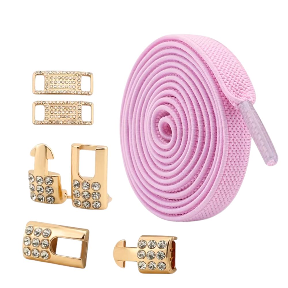 Roze platte elastische veters van 9 mm met gouden charm en strass haak als sluiting, voor een speelse en trendy look