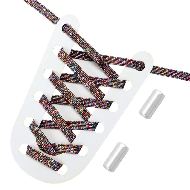Elastische veters regenboog glitter plat met draaicapsule sluiting voor sportieve schoenen