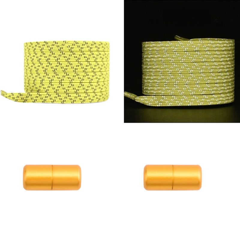 Elastische veters geel reflecterend plat met capsulesluiting voor hardloopschoenen en veiligheid