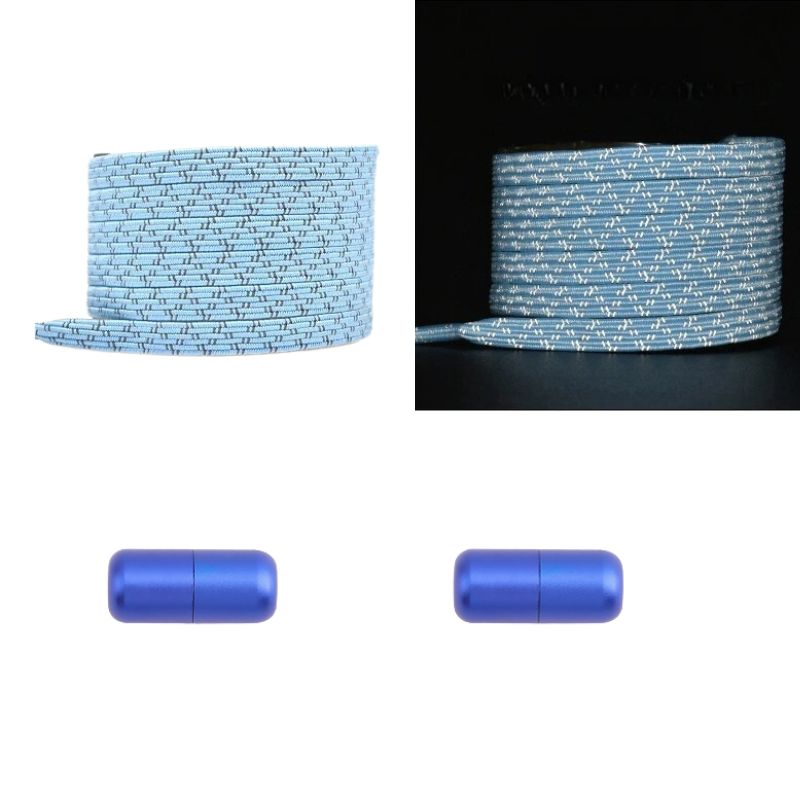 Elastische veters hemelsblauw reflecterend plat met capsulesluiting voor casual schoenen en zichtbaarheid