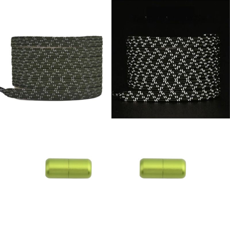 Elastische veters mosgroen reflecterend plat met capsulesluiting voor stevige wandelschoenen en zichtbaarheid