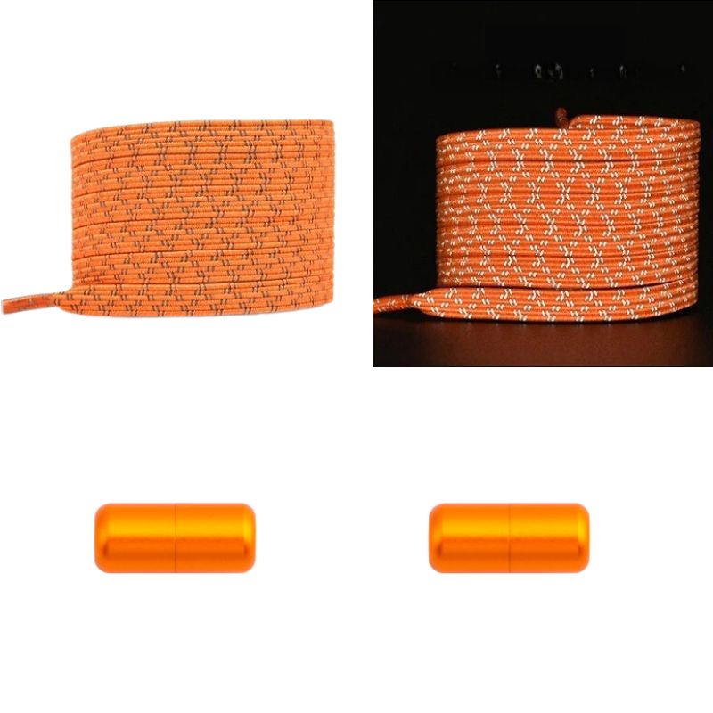 Elastische veters oranje reflecterend plat met capsulesluiting voor sportieve schoenen met zichtbaarheid
