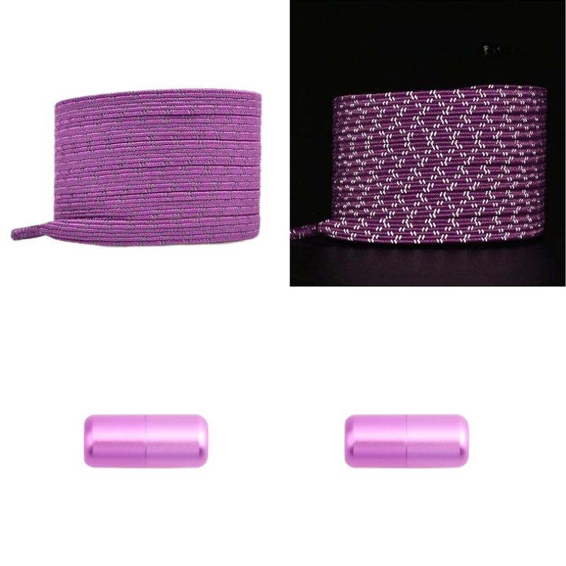 Elastische veters paars reflecterend plat met capsulesluiting voor sportieve schoenen en zichtbaarheid