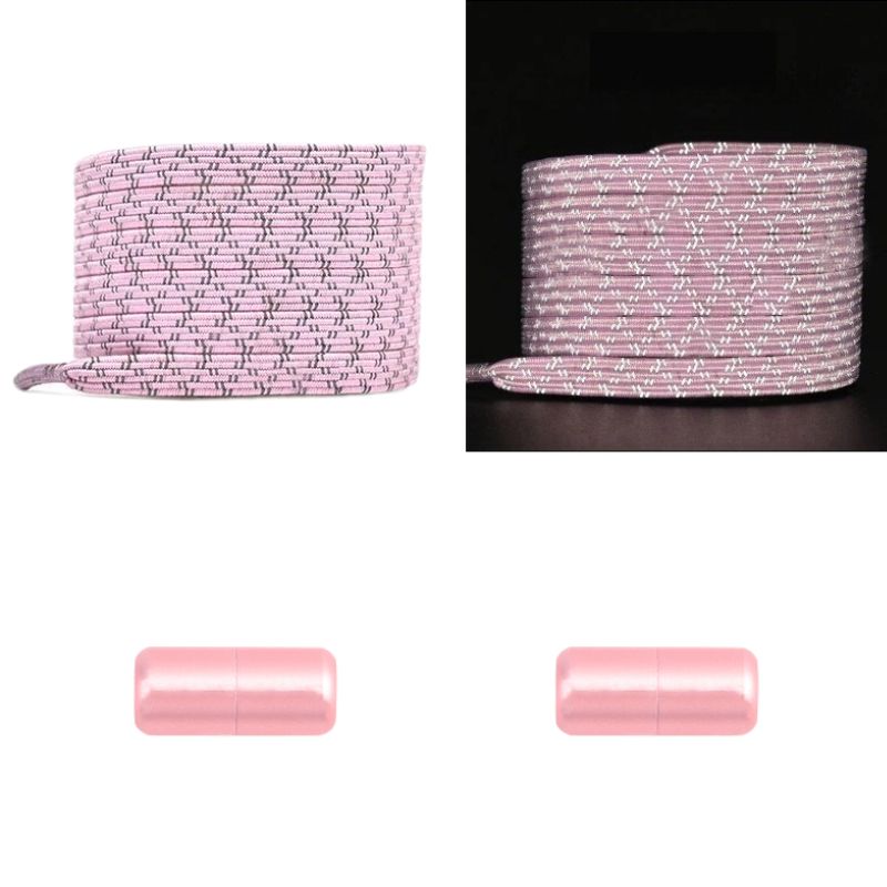 Elastische veters roze reflecterend plat met capsulesluiting voor sportieve schoenen met zichtbaarheid