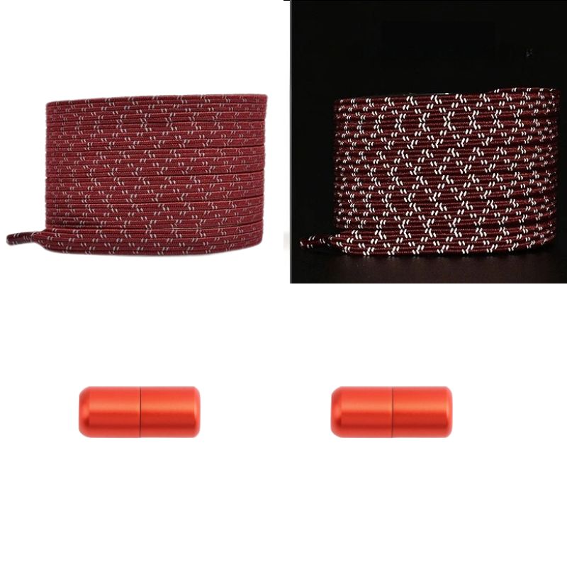Elastische veters wijnrood reflecterend plat met capsulesluiting voor nette schoenen en zichtbaarheid