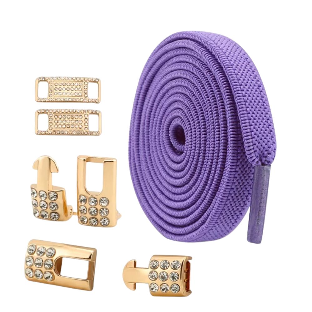 Paarse platte elastische veters van 9 mm met gouden charm en strass haak als sluiting, voor een unieke en stijlvolle twist.