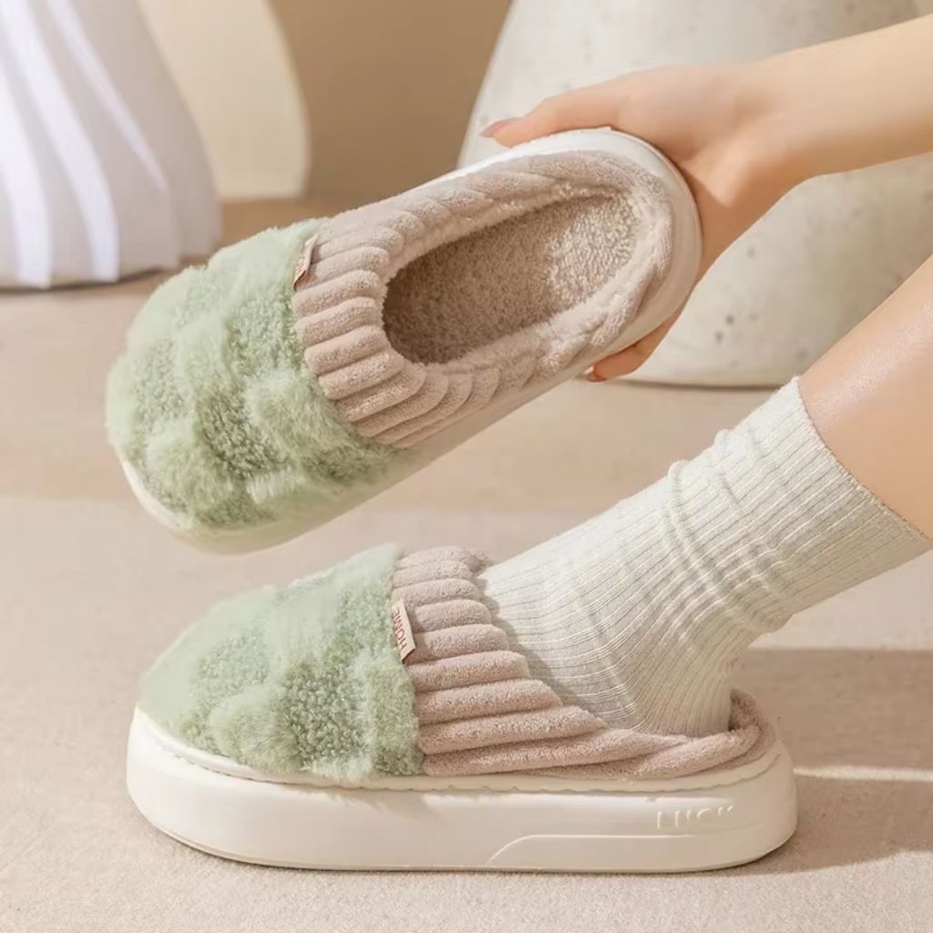 Warme geruite fluffy pantoffels - Dames