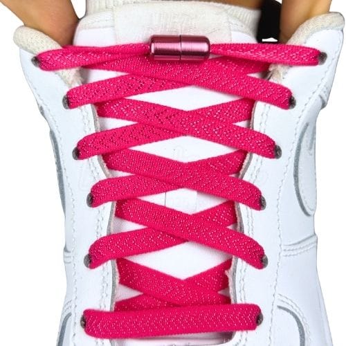 Elastische veters zonder strikken plat 8mm metalen draai capsule rozenrood met stretch uitgerekt uitgelichte afbeelding