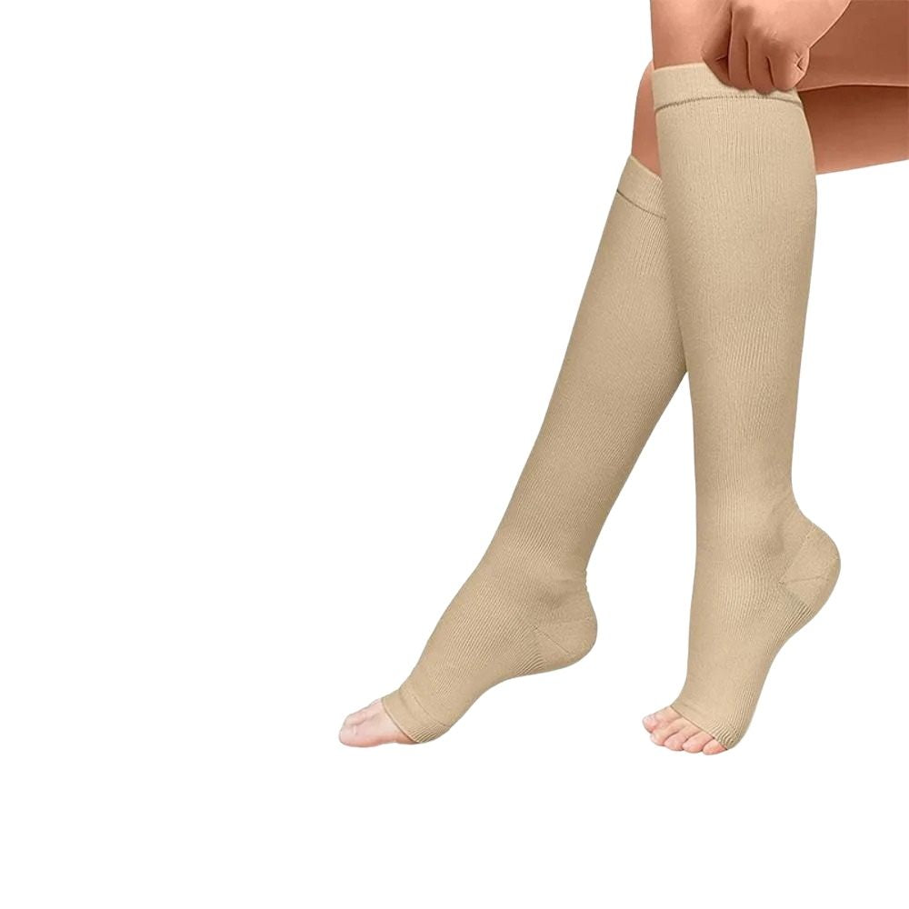 Beige hoge compressiekousen, zacht en ademend voor dagelijks gebruik