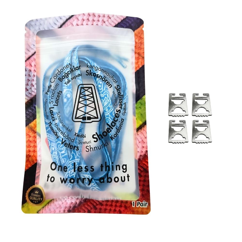 Elastische veters onzichtbaar strikken paisley 9mm onzichtbare clipjes hemelsblauw wit in luxe verpakking