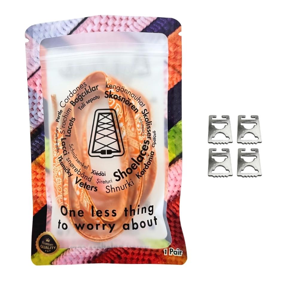 Elastische veters onzichtbaar strikken paisley 9mm onzichtbare clipjes oranje wit in luxe verpakking