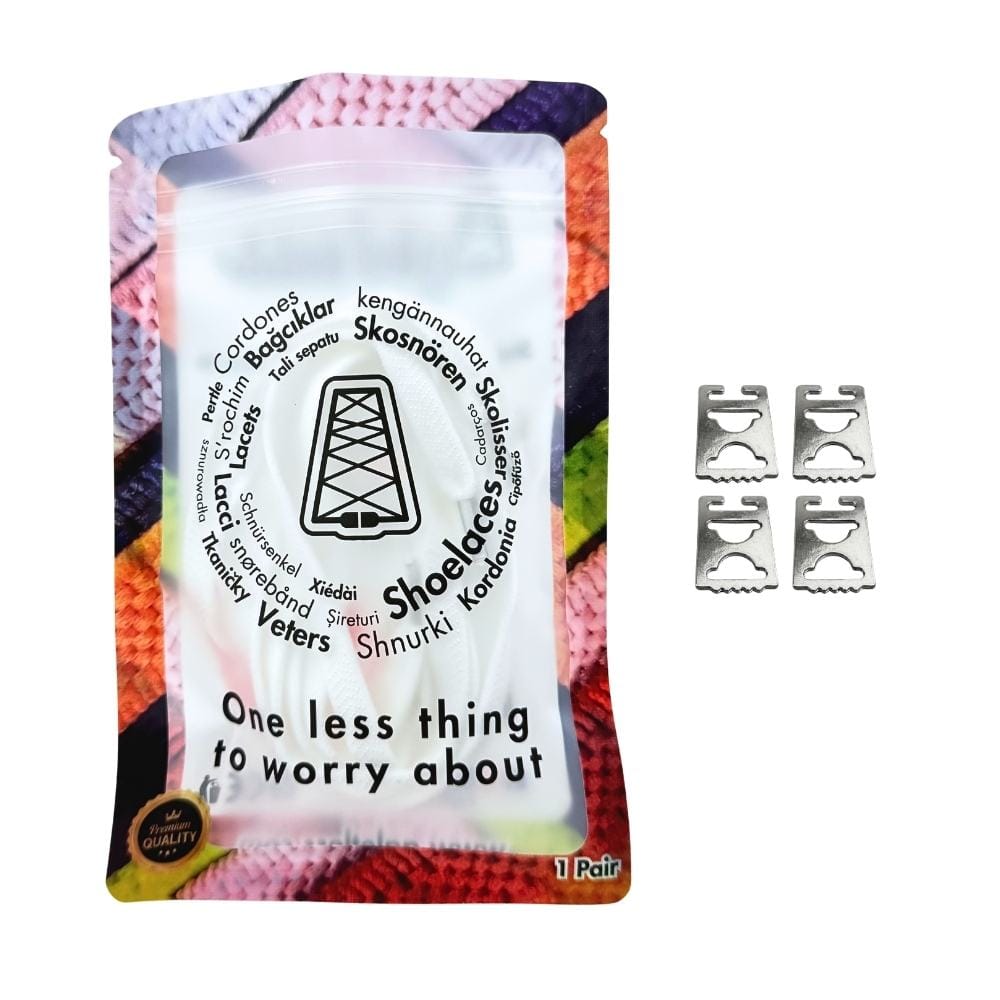 Elastische veters onzichtbaar strikken plat 8mm onzichtbare clipjes wit in luxe verpakking