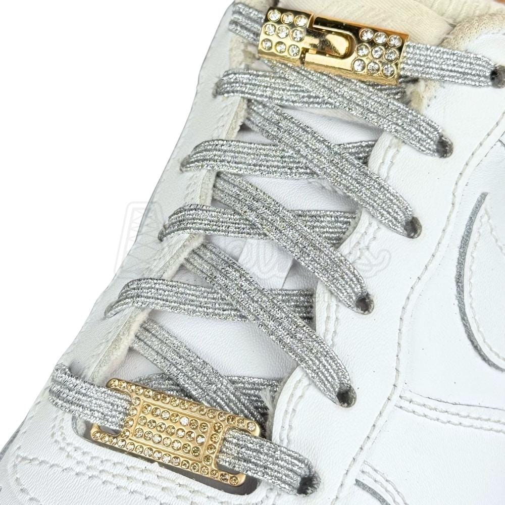 Elastische veters zonder strikken bling bling 6mm haak sluiting zilver geregen in witte Nike Air Force 1