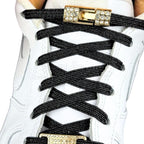 Elastische veters zonder strikken bling bling 6mm haak sluiting zwart met stretch uitgerekt