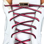 Elastische veters zonder strikken driehoek 3mm capsule sluiting zwart rozenrood met stretch uitgerekt