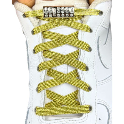 Elastische veters zonder strikken glitter 6mm bling magnetische sluiting goud met stretch uitgerekt