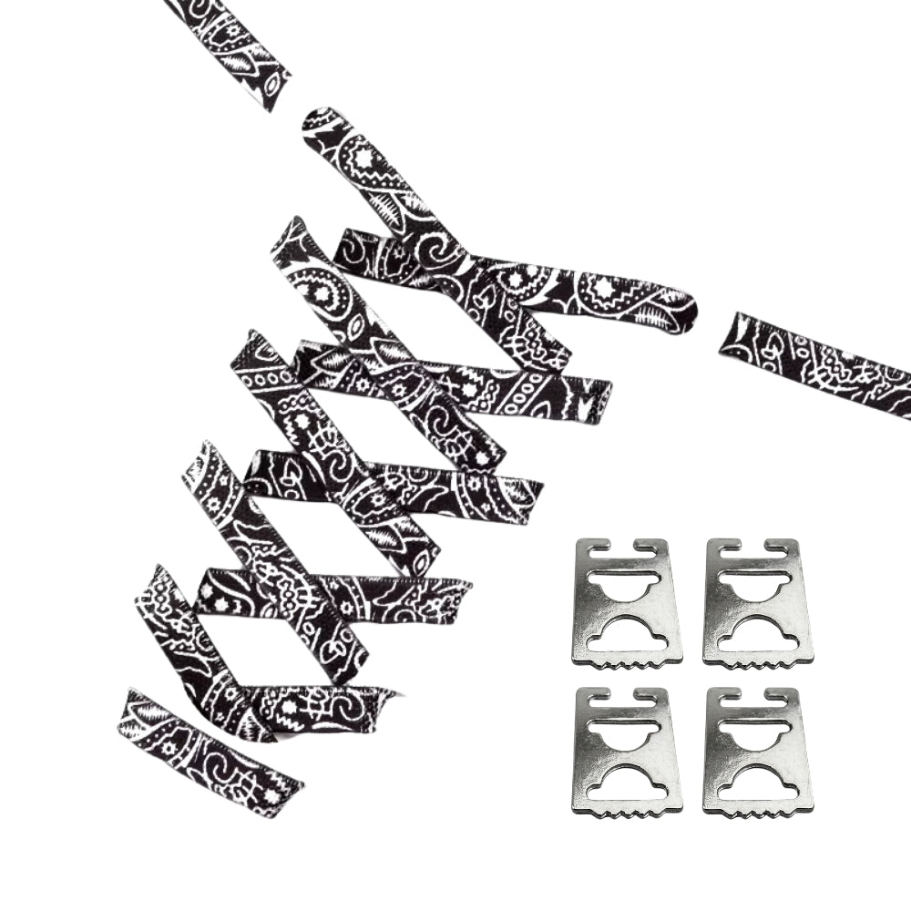 Productafbeelding van paisley elastische veters van 9 mm met clipjes in de kleur zwart-wit