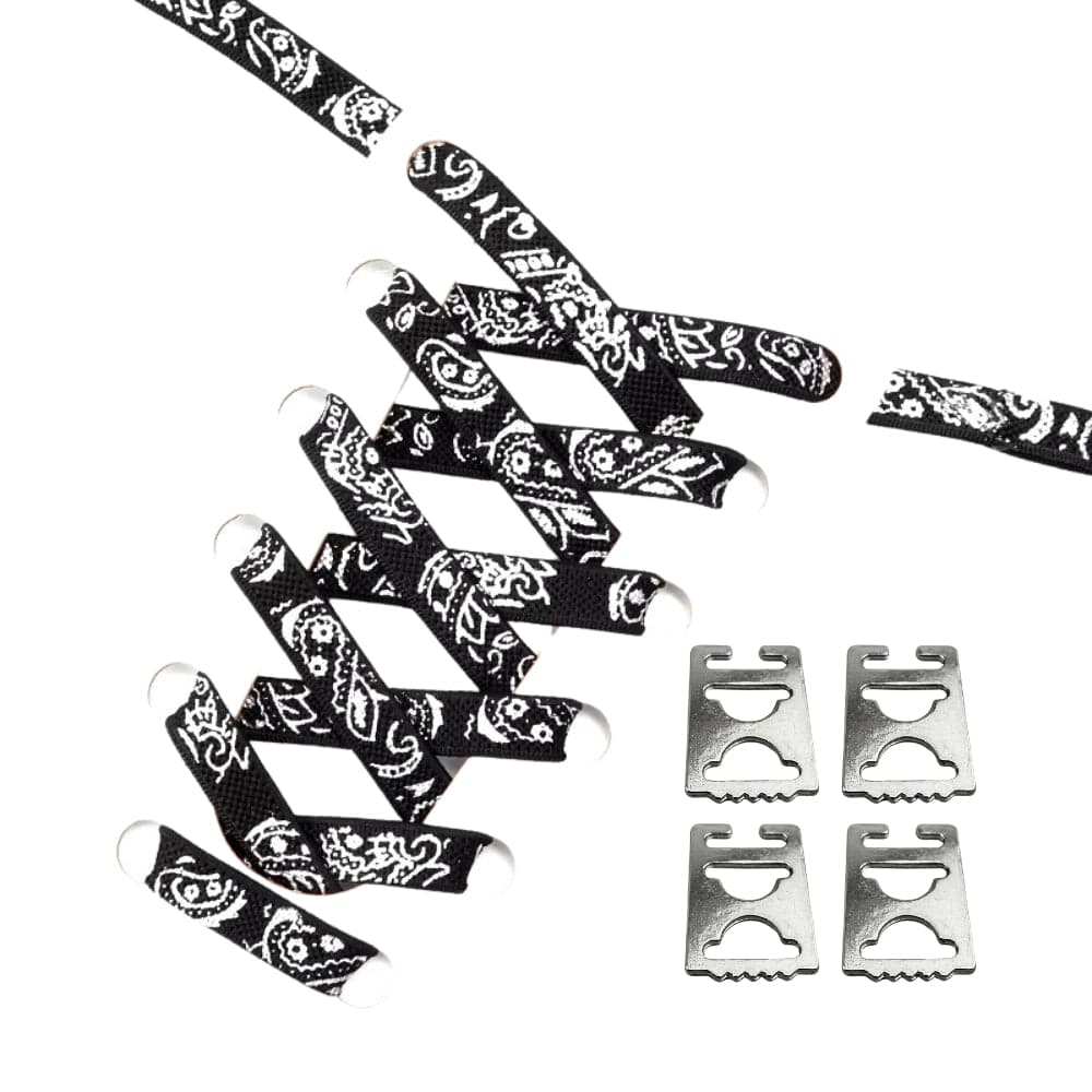 Productafbeelding van paisley elastische veters van 9 mm met clipjes in de kleur zwart-zilver