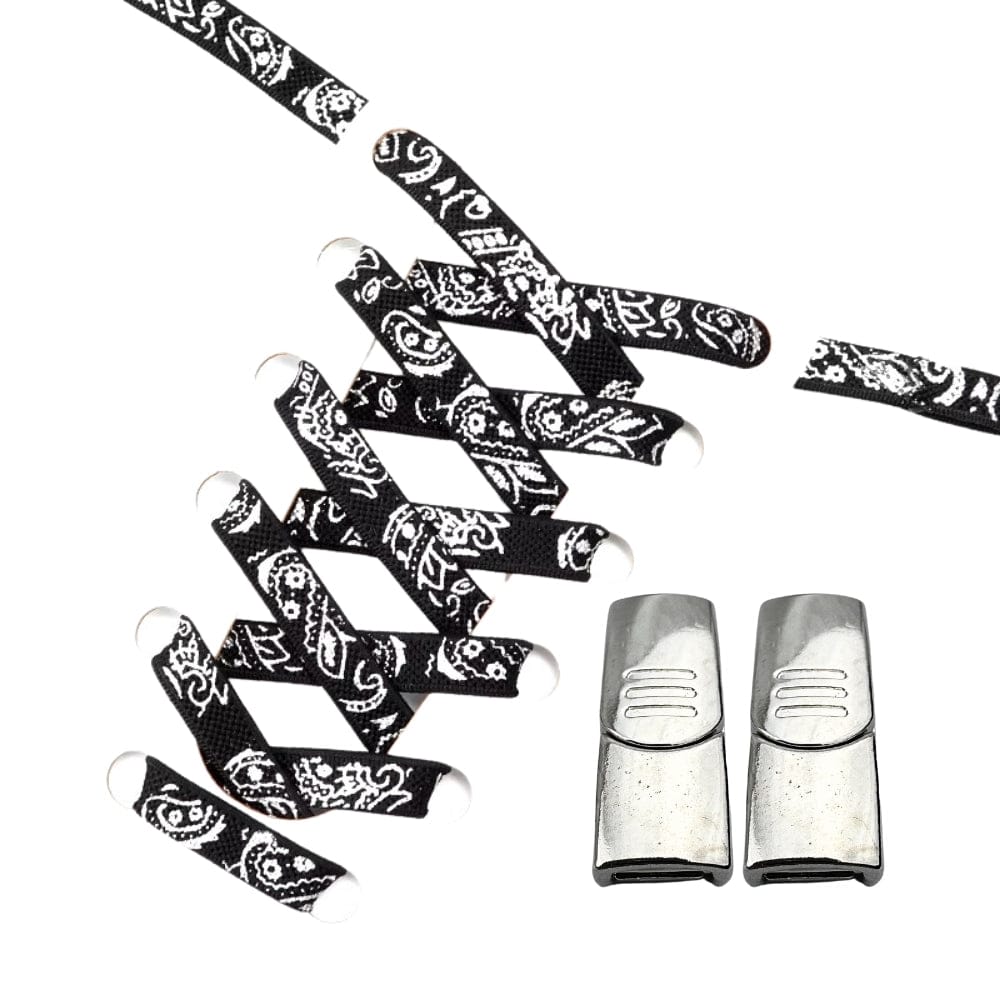 Productafbeelding van paisley elastische veters van 9 mm met magneetsluiting in de kleur zwart-zilver