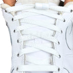 Elastische veters zonder strikken plat 8mm metalen draai capsule wit met stretch uitgerekt