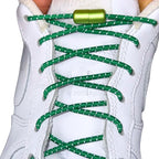 Elastische veters zonder strikken reflecterend 3mm capsule sluiting groen met stretch uitgerekt