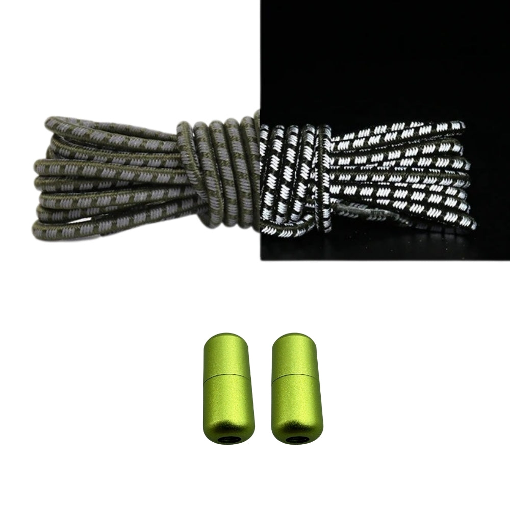 Productafbeelding van reflecterende ronde elastische veters van 3 mm met capsule sluiting in de kleur mosgroen