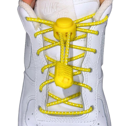 Elastische veters zonder strikken reflecterend 3mm lock sluiting geel met stretch uitgerekt