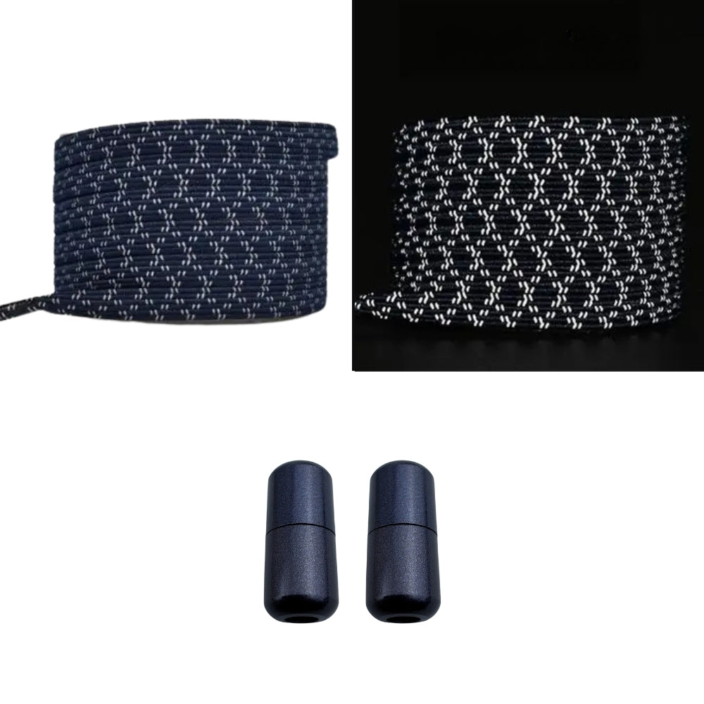 Productafbeelding van platte reflecterende elastische veters van 7 mm met capsule sluiting in de kleur marineblauw