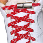 Elastische veters zonder strikken reflecterend 7mm magnetische sluiting rood met stretch uitgerekt