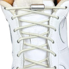 Elastische veters zonder strikken rond 3mm capsule sluiting beige met stretch uitgerekt