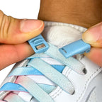 Elastische veters zonder strikken tie-dye 9mm magnetische sluiting blauw roze detailfoto van hoe de sluiting werkt