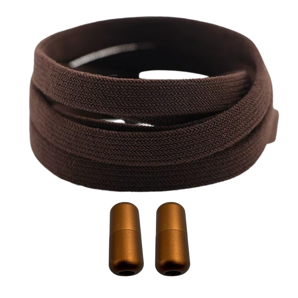 Productafbeelding van vintage elastische veters van 8 mm met capsule sluiting in de kleur donkerbruin