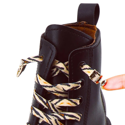 animal-print-elastic-no-tie-shoelaces-beige-zebra-rhinestone-hook-black-shoe-side-angle-open