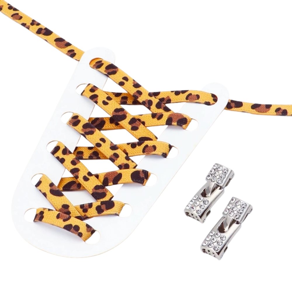 Leopard print elastic no-tie shoelaces with a rhinestone hook lock.