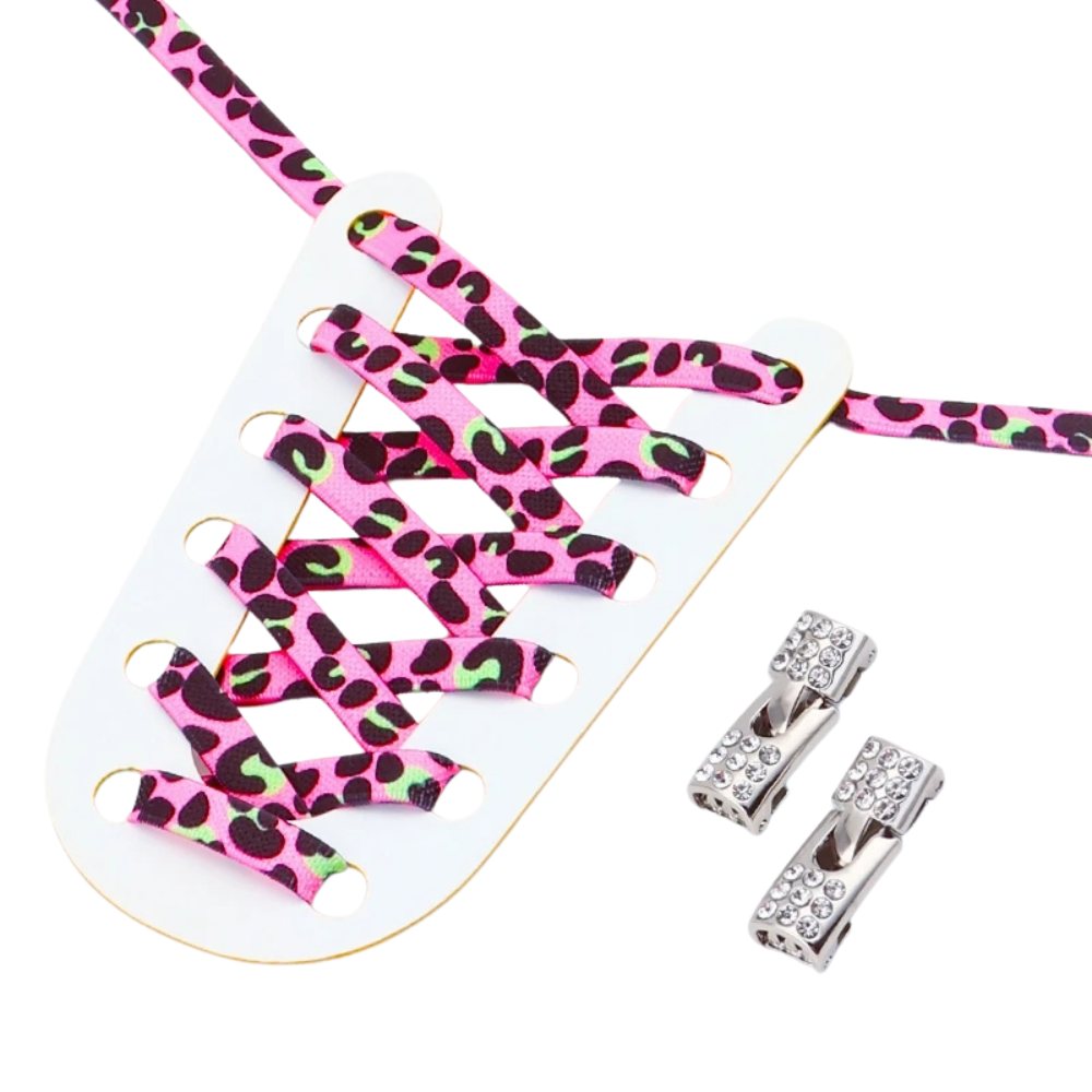 Pink leopard print elastic no-tie shoelaces with a rhinestone hook lock.