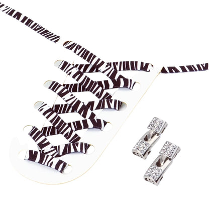 Zebra stripes elastic no-tie shoelaces with a rhinestone hook lock.