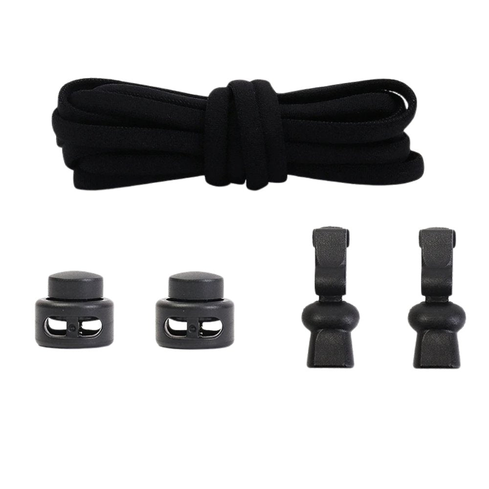 Black compact elastic no-tie shoelaces with an adjustable lock.