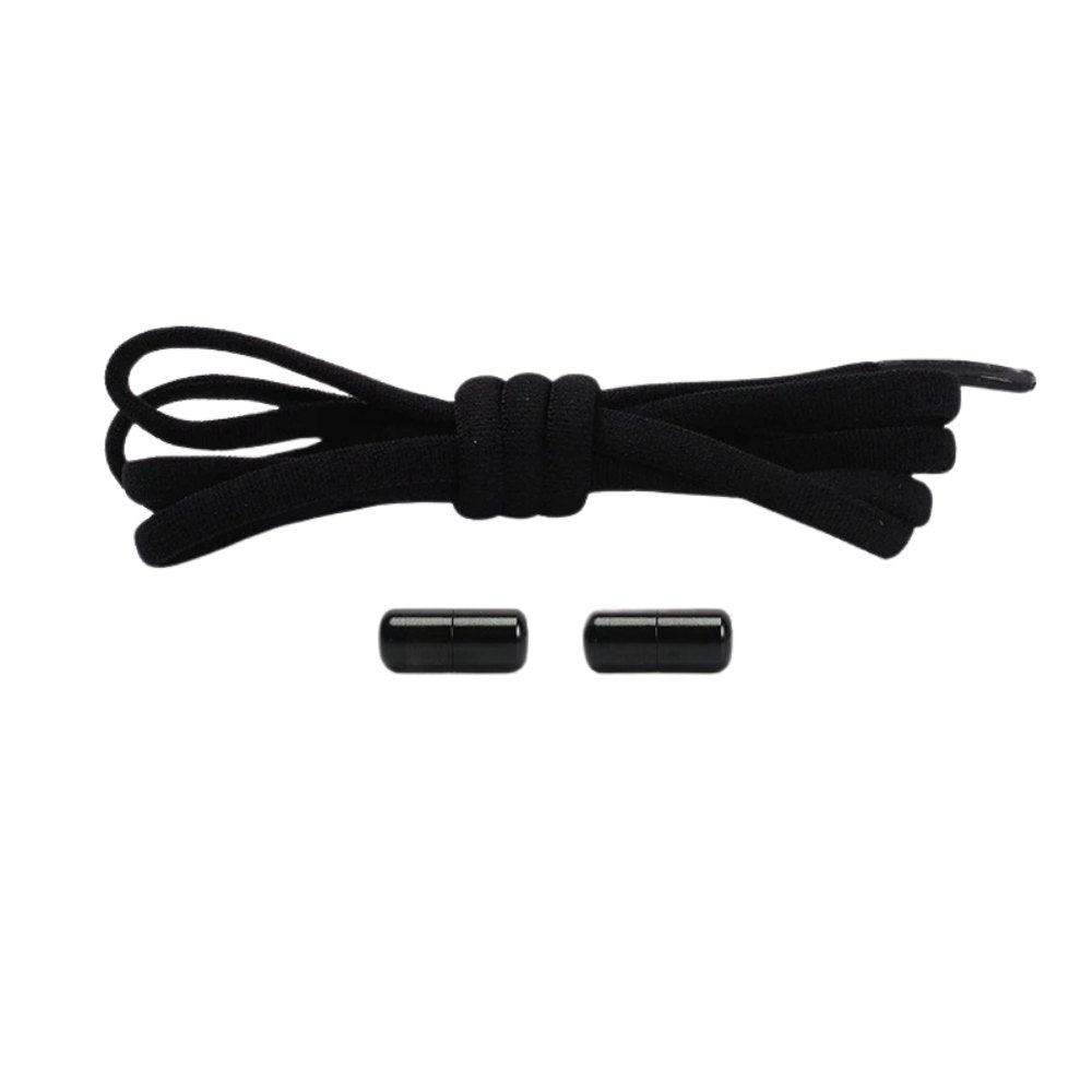 Black round elastic no-tie shoelaces with a capsule lock.