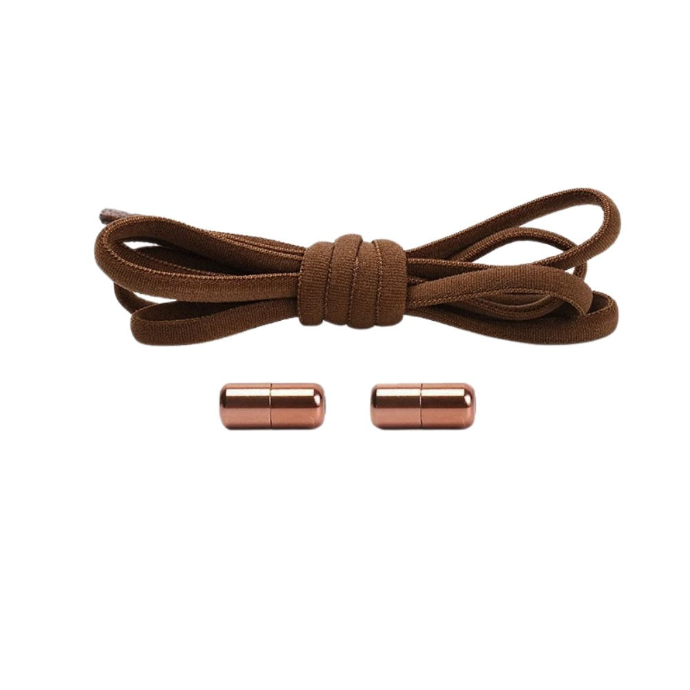 Brown round elastic no-tie shoelaces with a capsule lock.