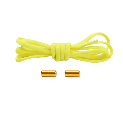 Fluorescent yellow compact elastic no-tie shoelaces with a capsule lock.