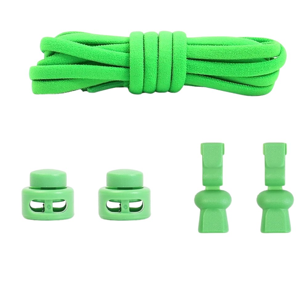 Green compact elastic no-tie shoelaces with an adjustable lock.