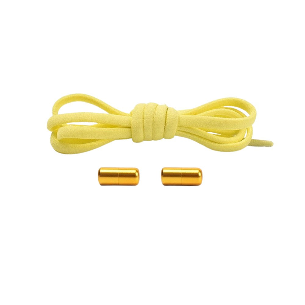 Lemon yellow compact elastic no-tie shoelaces with a capsule lock.