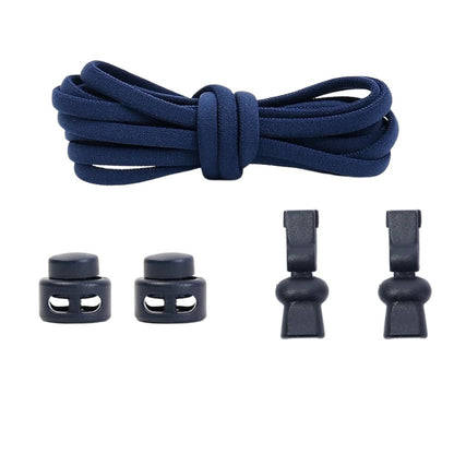 Navy blue compact elastic no-tie shoelaces with an adjustable lock.