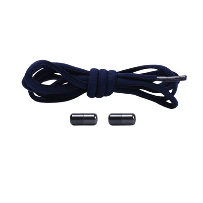 Navy blue compact elastic no-tie shoelaces with a capsule lock.