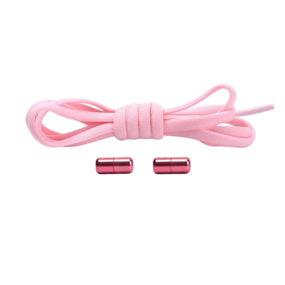 Pink compact elastic no-tie shoelaces with a capsule lock.