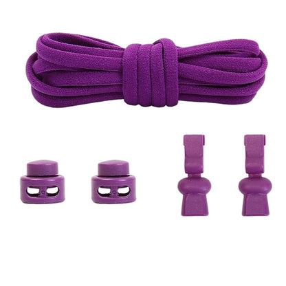 Purple compact elastic no-tie shoelaces with an adjustable lock.