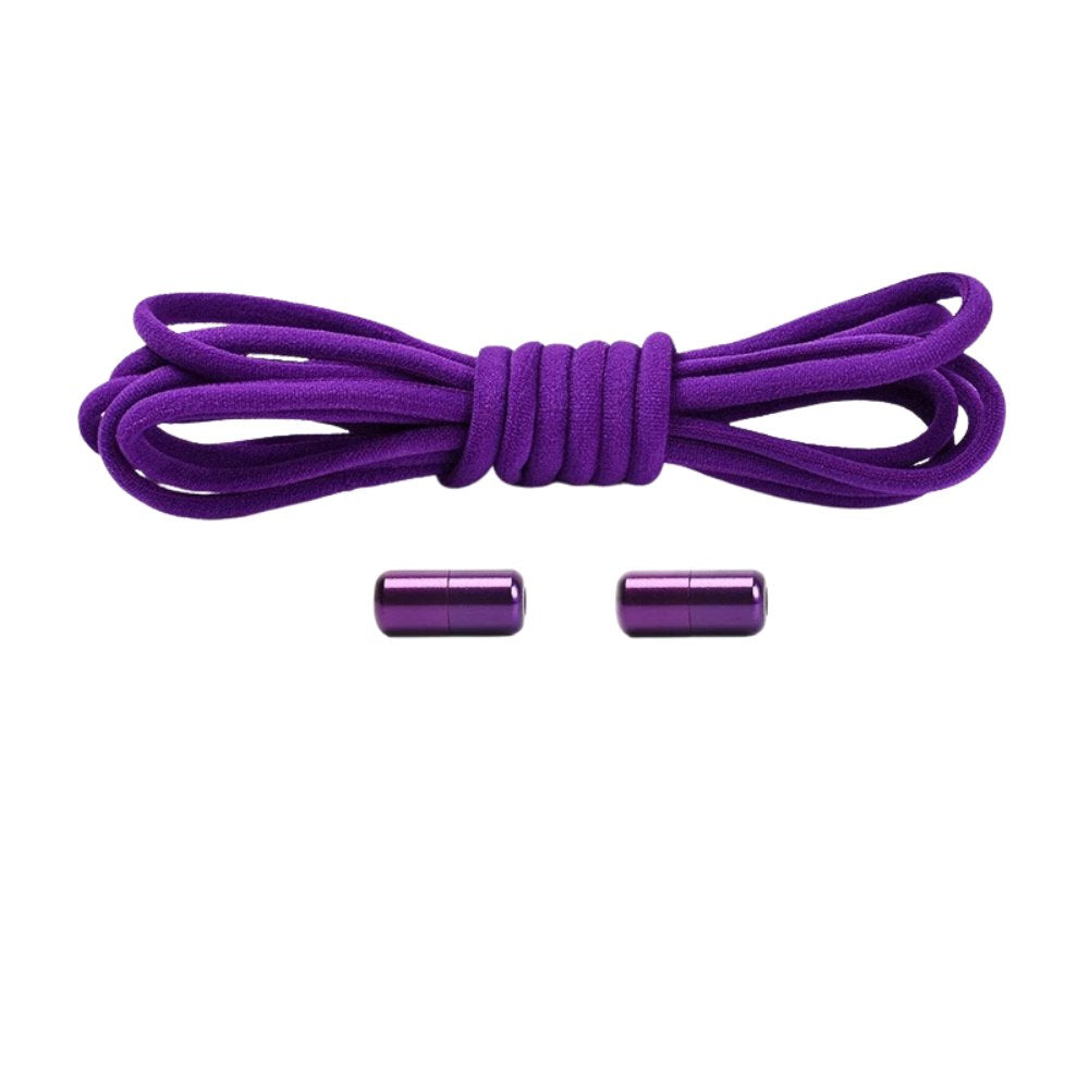 Purple compact elastic no-tie shoelaces with a capsule lock.